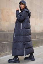 New Women Black Oversized Quilted Maxi Hooded Duvet Puffer Coat . Uk 8 10 12 14