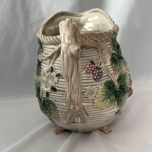 Large Vintage Ceramic FITZ and FLOYD Basket Weave PITCHER with Trailing Berries - Picture 4 of 9