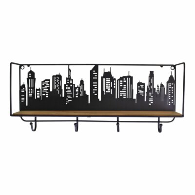 Metallregal mit 4 Haken Schwarz City Skyline Wandhalterung Organizer Wohndeko