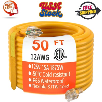 50 Ft 12/3 Gauge Heavy Duty Outdoor Extension Cord Waterproof With Lighted