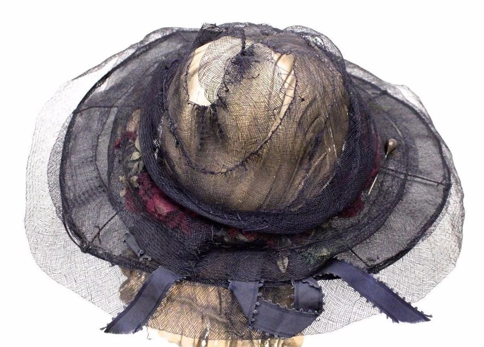 De Colección LG Cin de Caballo Sombrero de Paja Ala Ancha Damas Eduardiano Downton Azul Oscuro Shabby Foto 3 de 4