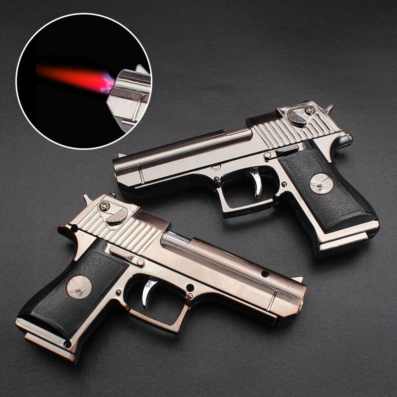 Pistol Shaped Gun Lighter Butane Torch Lighter- Windproof, Refillable, Silver