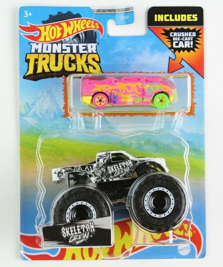 HOT WHEELS MONSTER TRUCKS SKELETON CREW W CRUSHED CAR 1:64 HOT WHEELS MONSTER TRUCKS SKELETON CREW W CRUSHED CAR 1:64