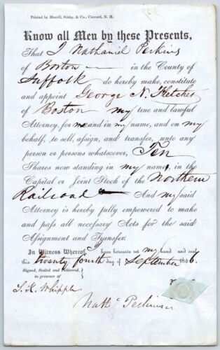 1846 Boston MA Power of Attorney re: Northern Railroad Stock Nathanial Perkins - Afbeelding 1 van 2