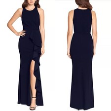 NEW BETSY  ADAM Colby NAVY Scuba CREPE Ruffle HIGH SLIT Evening Dress GOWN 4