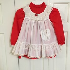 Red  White Party Dress Lace Girls with Pinafore Vintage Bryan Size T4-Made USA