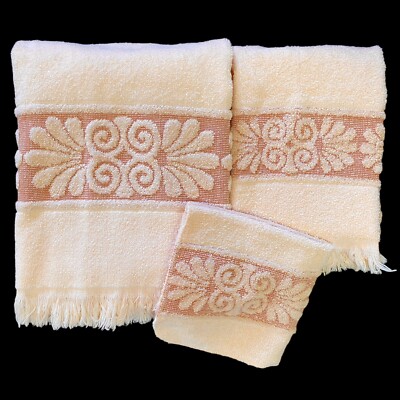 Vtg Cannon Monticello Towels Bath Hand Face Cloth Lt Peach Sculpted Shell  Fringe
