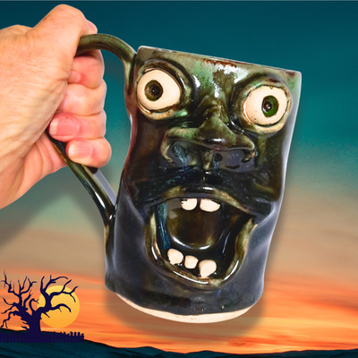 Zombie Ugly Mug Handmade Studio Art Pottery Signed Green Monster Face Cup