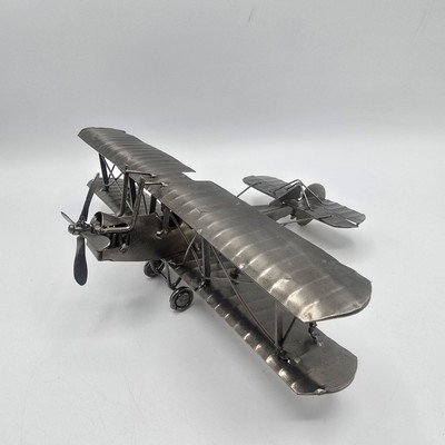 Biplane Tin Metal Display Model Toy Rustic Aviation Plane Decor preowned.