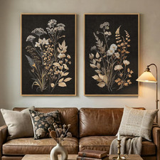 Vintage Botanical Wall Art Set of 2, Rustic Floral Canvas Prints 24x36 Inch