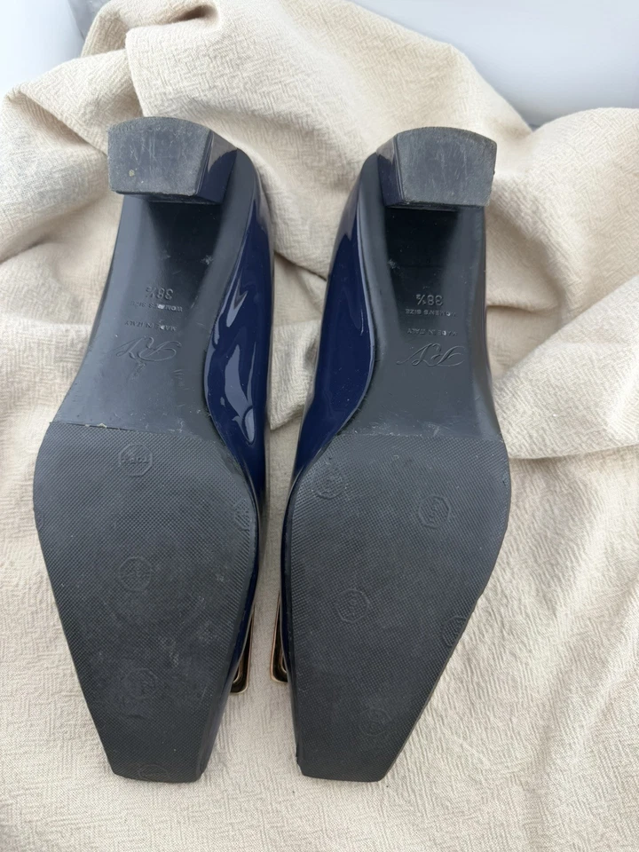 Винтажные туфли-лодочки Roger Vivier Trompette 38,5 темно-синие лакированная кожа золотая пряжка - Изображение 3 из 4