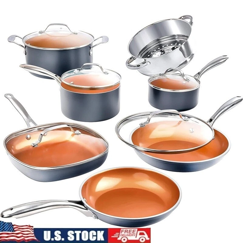 Nonstick Ceramic Cookware Set 12 Piece Pots Pans W/ Lids Dishwasher Safe Gray