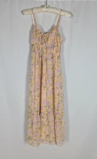 Hippie Rose Dress S Junior's Peach Floral Gold Striped Tiered Midi Delicate