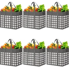 6-Pack Reusable Grocery Bags, Grey-White, Foldable, Reinforced Handles, Large