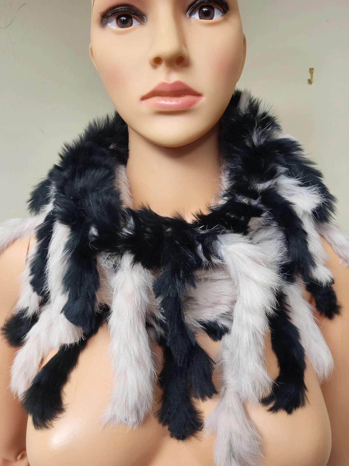 Knit Rabbit Neck Warmer Scarf Shawl Pink And Black. With Fringe
