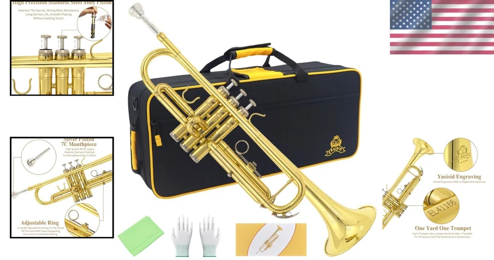 Professional B Flat Brass Trumpet Set with Case and Mouthpiece - Golden Finish - Image 2 of 4
