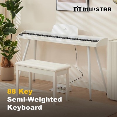MUSTAR White 88Key Semi Weighted Digital Piano Dual Keyboard w/MIDI,3Pedal,Bench