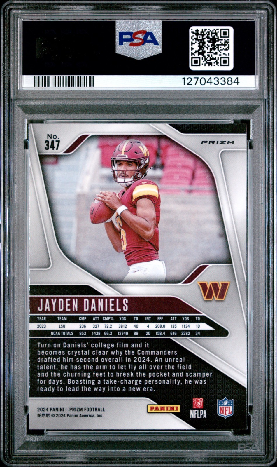 2024 Panini Prizm Jayden Daniels Red White Blue Prizm #347 PSA 9 MINT RC Rookie view 3