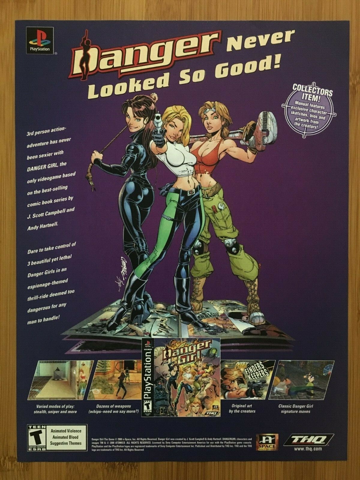 2000 Danger Girl Playstation 1 PS1 Vintage Print Ad/Poster J. Scott Campbell Art