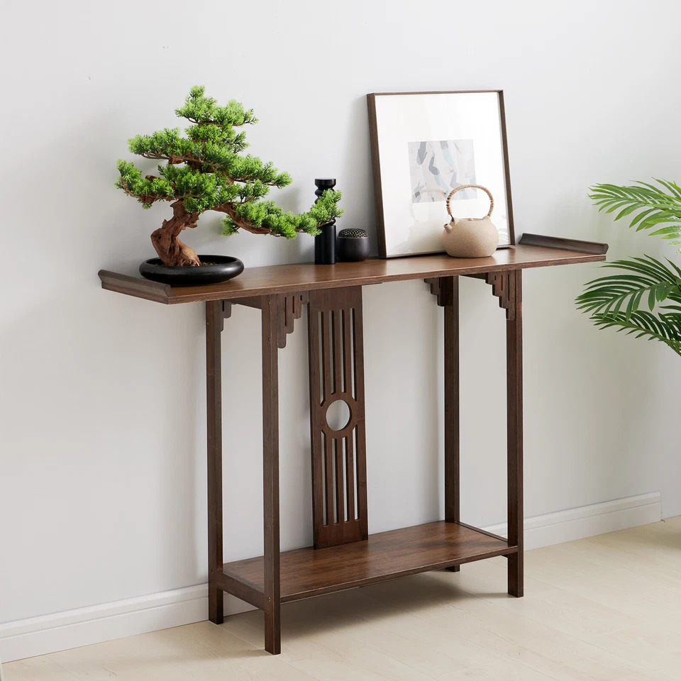 2-Layer Vintage Console Table Sofa Side Table Entryway Table Bamboo Shelf New - Image 2 of 4