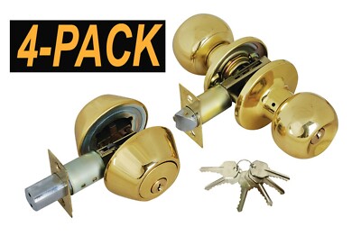 4PK Grip Tight Tools Brass US3 Entry Door Knob Combo Lock Set w/Deadbolt-24 Keys 4PK Grip Tight Tools Brass US3 Entry Door Knob Combo Lock Set w/Deadbolt-24 Keys