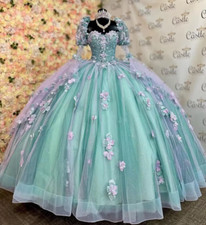 Light Green Quinceanera Dresses Sheer Long Sleeves Glitter Tulle Appliques 3D