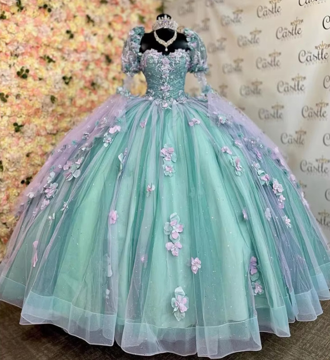 Vestidos de quinceañera verde claro mangas largas transparentes apliques de tul brillante 3D