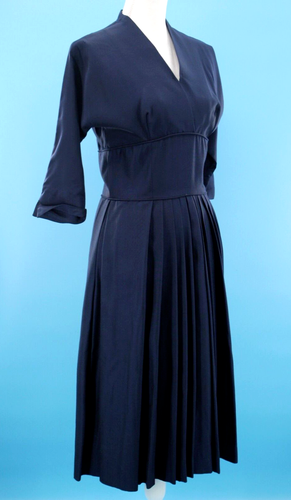 VTG Women's 50s Navy Wool Cocktail Dress W/ Pleated Skirt Sz M 1950s - Picture 2 of 19