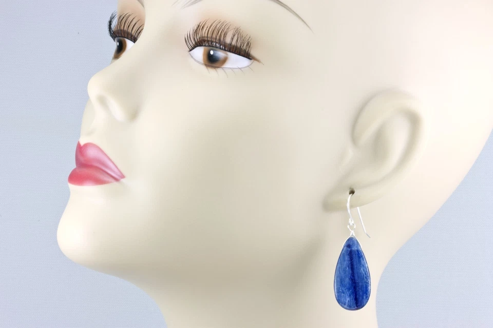 Pendientes de cianita azul lágrima grande oro 14k simple plata de ley natural Foto 3 de 4