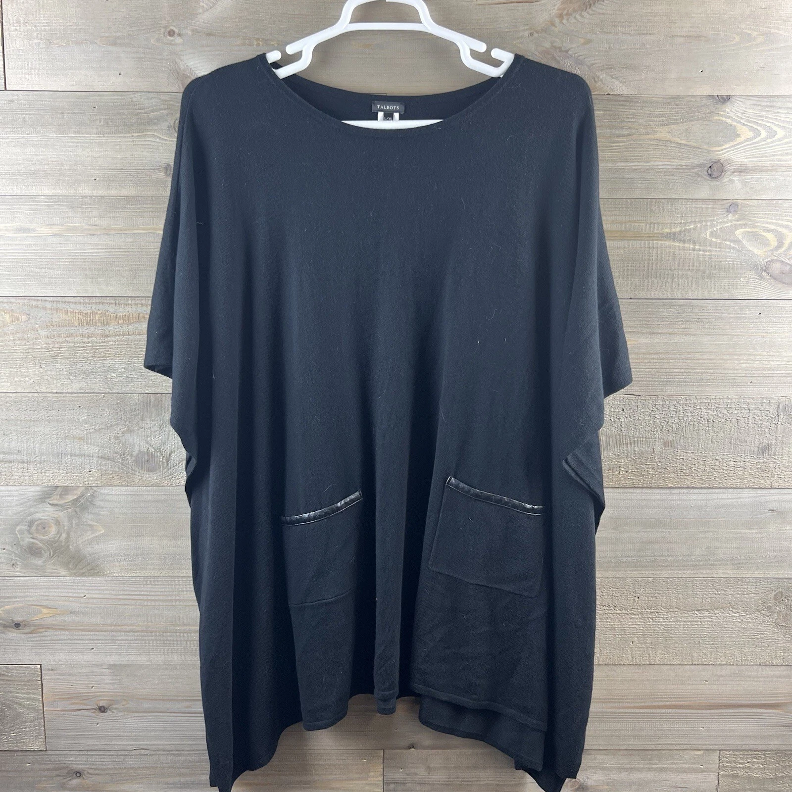 Talbots Womens Sweater Poncho Short Sleeve Lagenlook Faux Leather Trim L XL