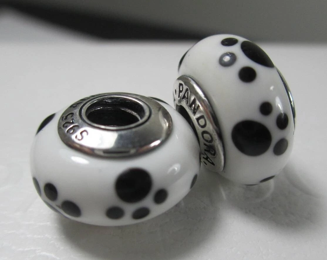 2 Pandora Murano Glass Bead Charm Black White Paw Printing