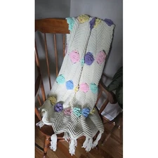 Handmade Crochet Throw Blanket Floral Applique Chevron Pattern Afghan 42x77