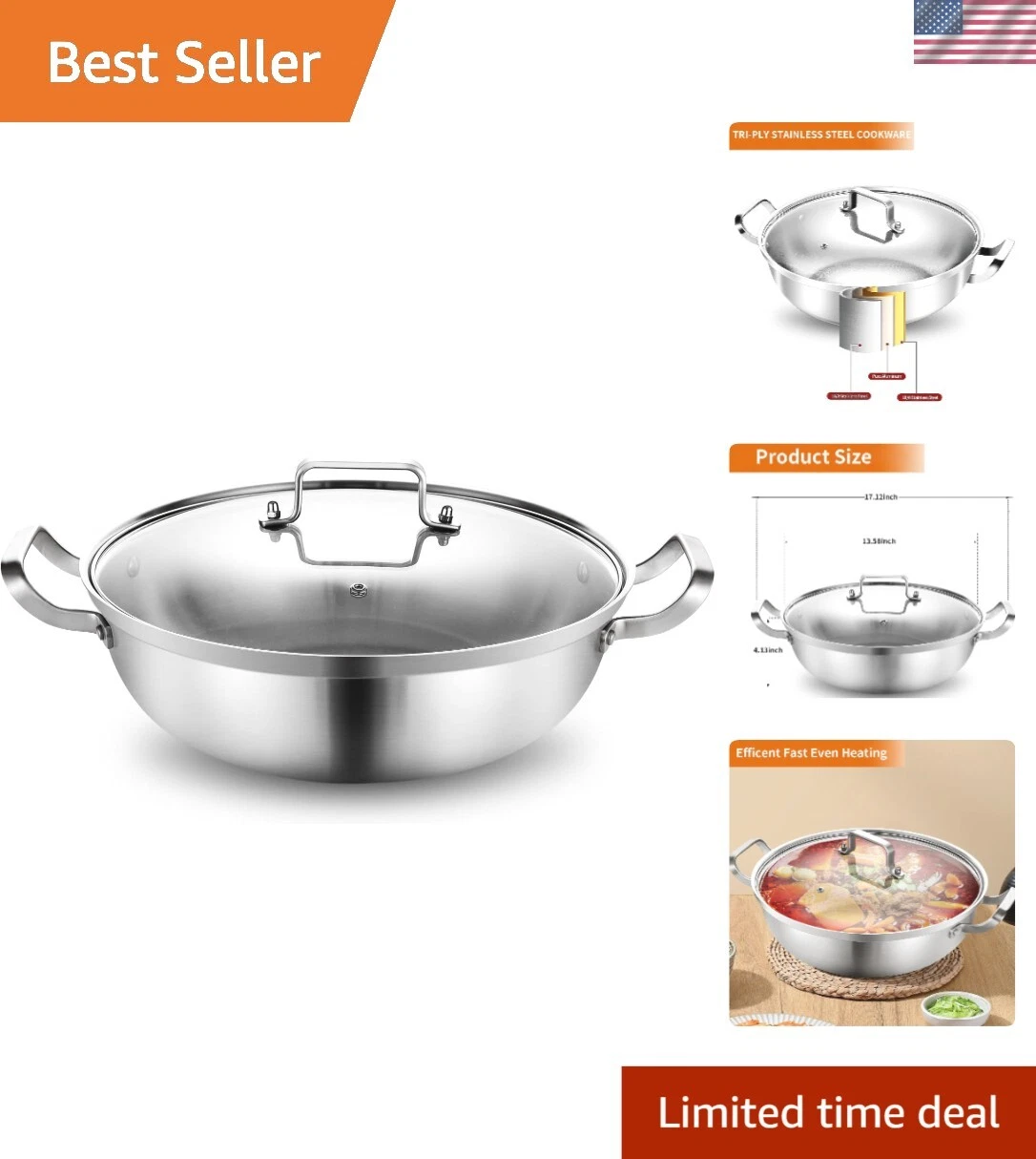 Premium Tri-Ply Stainless Steel 14-Inch Everyday Pan - 7QT Induction Pot
Opens in a new window or ta