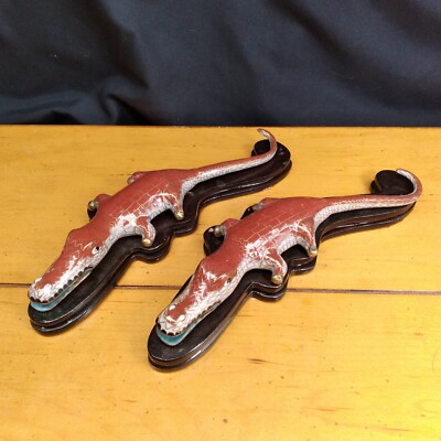 (2) Vintage Alligator Crocodile Enamel Painted Metal Gold Accents on Wood Stand