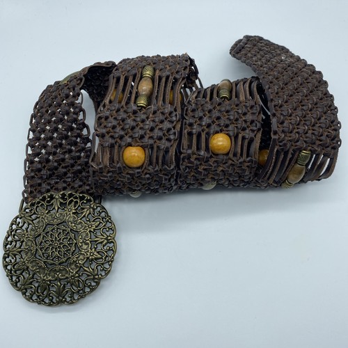 Brown Genuine Leather Macramé Beaded Belt Women's Size XL 2.25" Wide End-End 42" - Picture 2 of 11