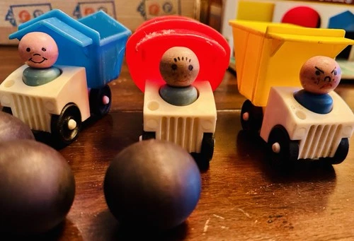 Vintage 1965 Little People Dump Truckers Original Drivers, Repro Boulders w/BOX