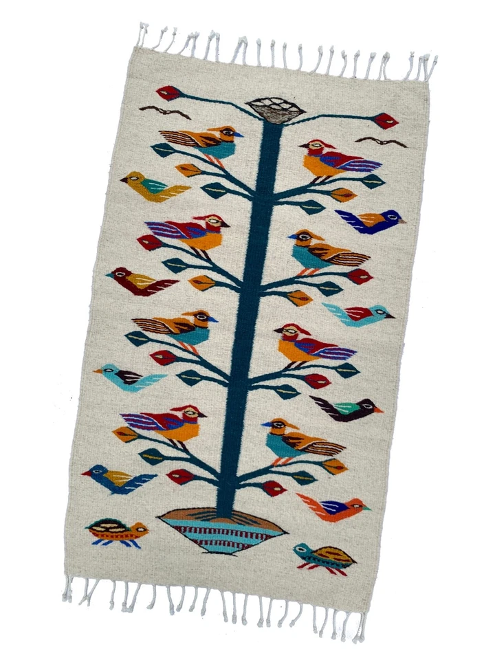 Alfombra de lana zapoteca tejida a mano Tree of Life, tapiz de acento con motivo de pájaro 23x39 Foto 2 de 4