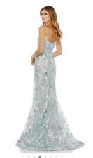 Mac Duggal Exquisite Blue Beaded 79297 Spaghetti Straps Lace Dress With Train