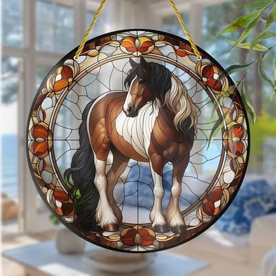 Zigeuner Pferd braun weiß Mähne Buntglas Stil Sonnenfänger Effekt Deko Geschenk