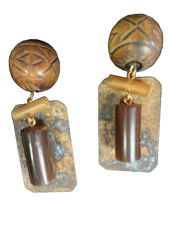 Jo Marz Earrings Signed  Copper Metal Patina Etched Wood Dangle Drop Ball Clip-o - Image 4 of 4