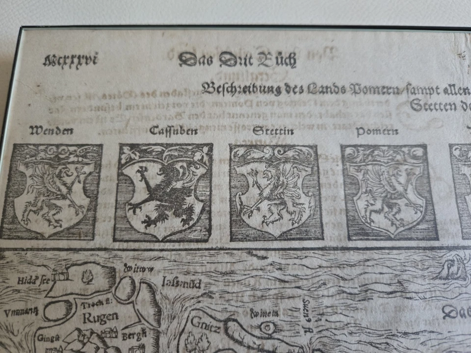 POMMERN Rügen Bild/Skizze Karte, alt (ca.1569) gerahmt, antik Sebastian Münster
