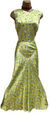 M & S Viscose Satin Floral Tie Waist Yellow Mix Sleeveless Midaxi Tea Dress UK 6