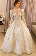 Vintage 1980 white Ball Gown Wedding Dress Long Sleeve High Neck Lace Beaded