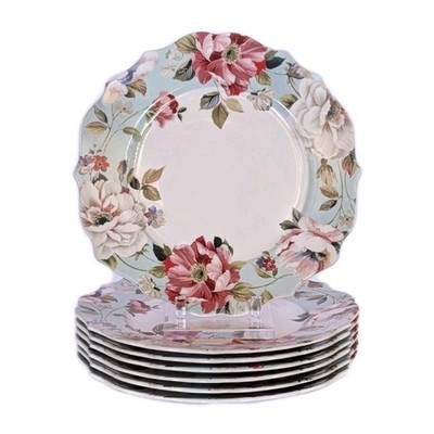 7 Set 222 Fifth Oriana Teal Fine China Floral Plate & Bowl Set Scalloped Design