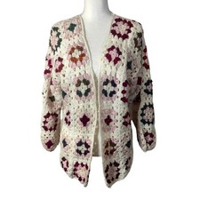 Vintage Handmade Granny Square Crochet Open Cardigan Sweater Women L 