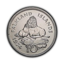 ISLAS MALVINAS. 1974, 10 peniques - Isabel II, león marino patagónico RARO 2