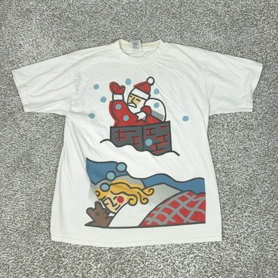 Vintage USPS Christmas Shirt Mens XL White Santa Tree Stamp Holiday Tee 1996