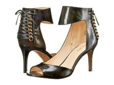 Nine West INSTRUCT Ankle Cuff SIDE ZIPPER Lace Up 4" Pumps BLACK LEATHER 12M 44