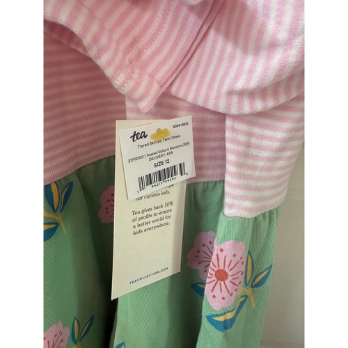 New Tea Collection Tiered Dress Sakura Blossom Floral Pink Green Stripe Size 12 - Picture 7 of 7