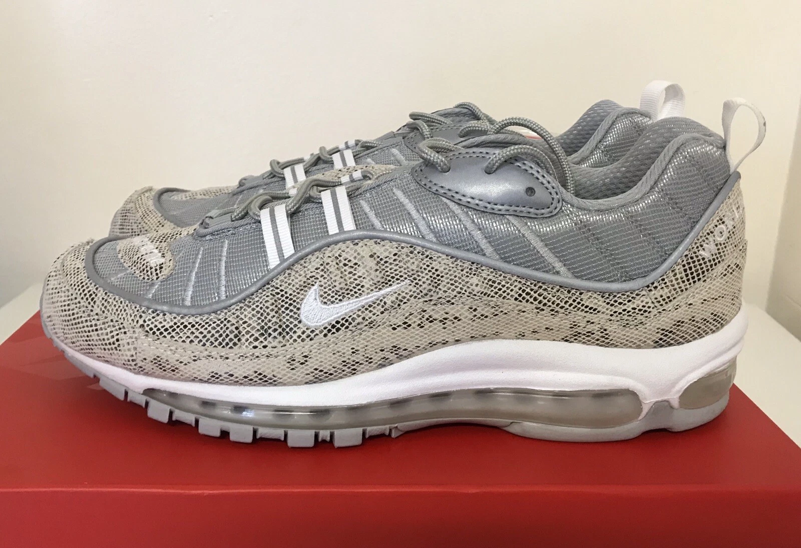 Nike Air Max 98 Supreme peau de serpent homme taille 10 voile blanc argent 844694 100 NEUF !!!